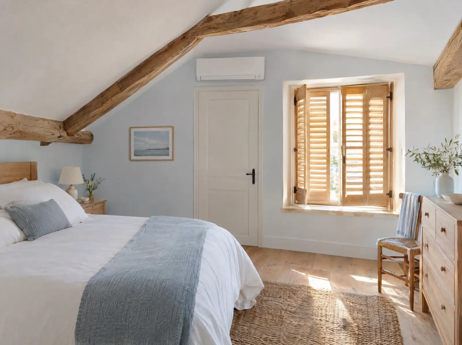 Chambre à l'étage rafraîchie par une unité murale de climatisation réversible