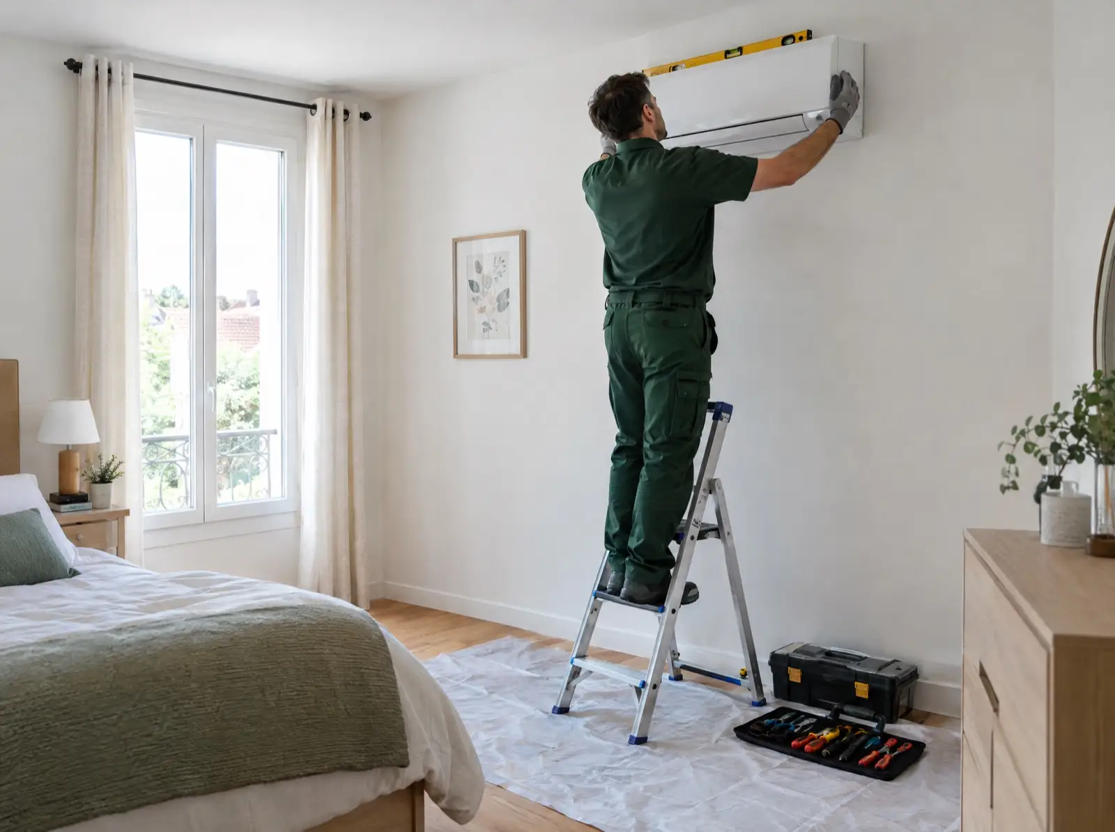 Technicien installant une unité murale intérieure dans une chambre